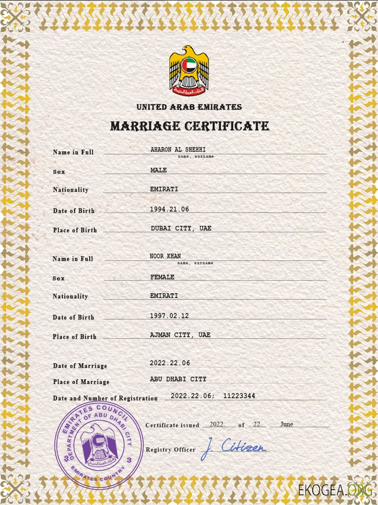 Modèle PSD de certificat de mariage des Émirats arabes unis